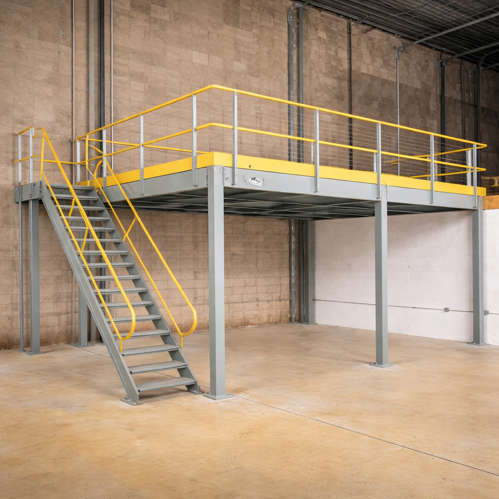 Mezanino metálico industrial com estrutura de aço cinza, guarda-corpo e escada amarelos, instalado dentro de galpão com piso de concreto.