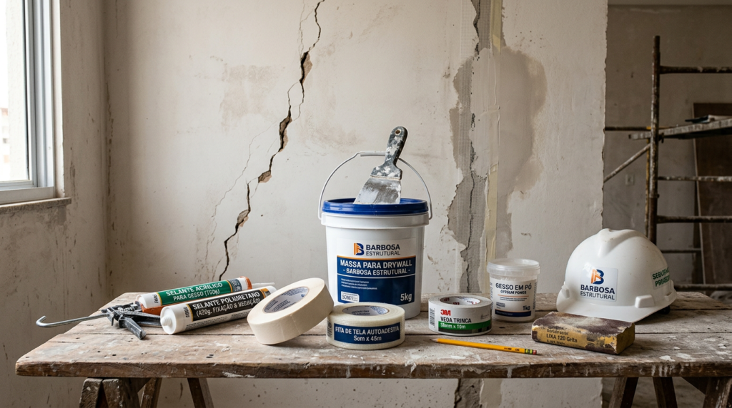 Materiais para vedar trincas em paredes de gesso.