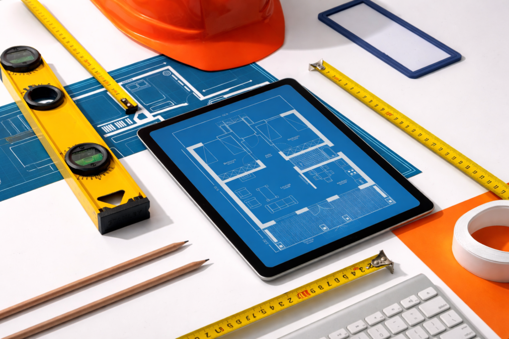 Planta de projeto arquitetônica em tablet cercada por capacete de obra, trena, nível e ferramentas de medição sobre mesa de trabalho