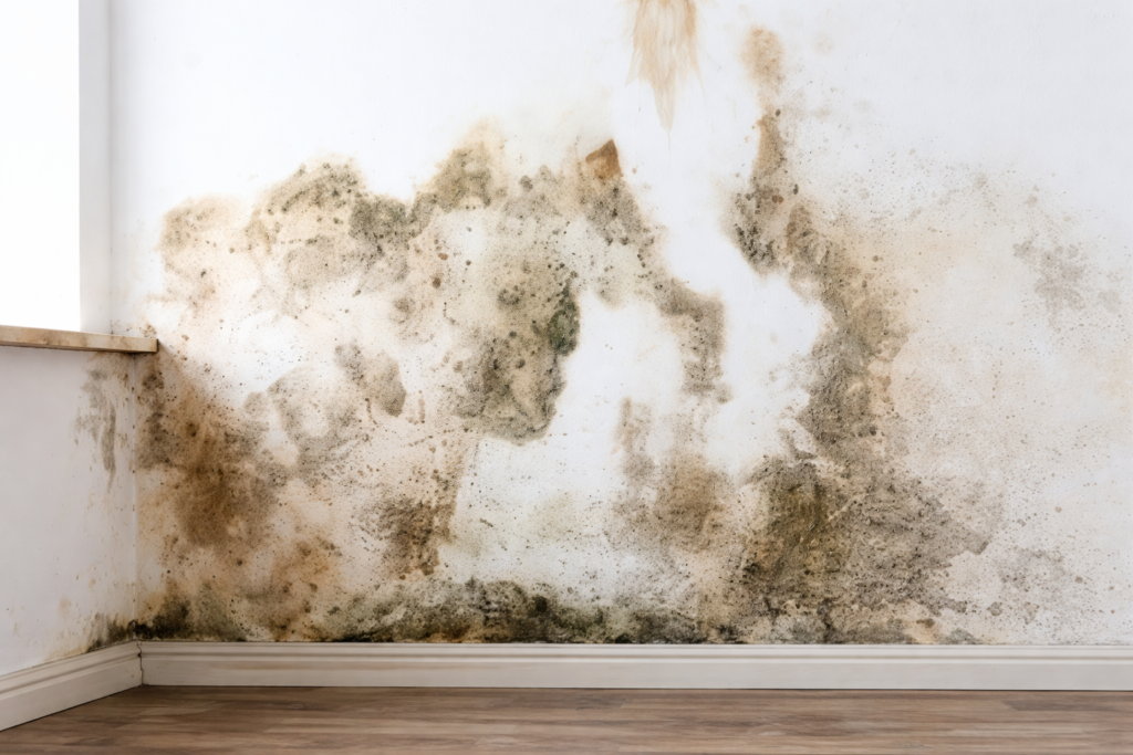 Parede interna branca com grandes manchas de mofo e umidade concentradas no canto inferior, próximas ao rodapé e ao piso de madeira.